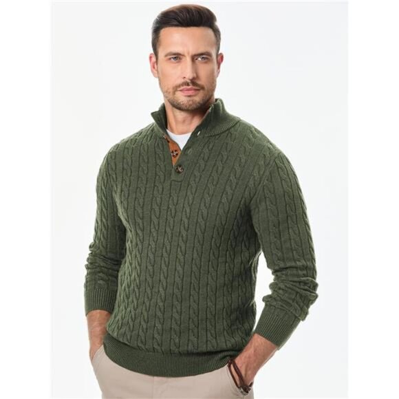 NEW Men's Cable Knit Pullover Sweater Casual Long Sleeve Stand Collar - Picture 6 of 6